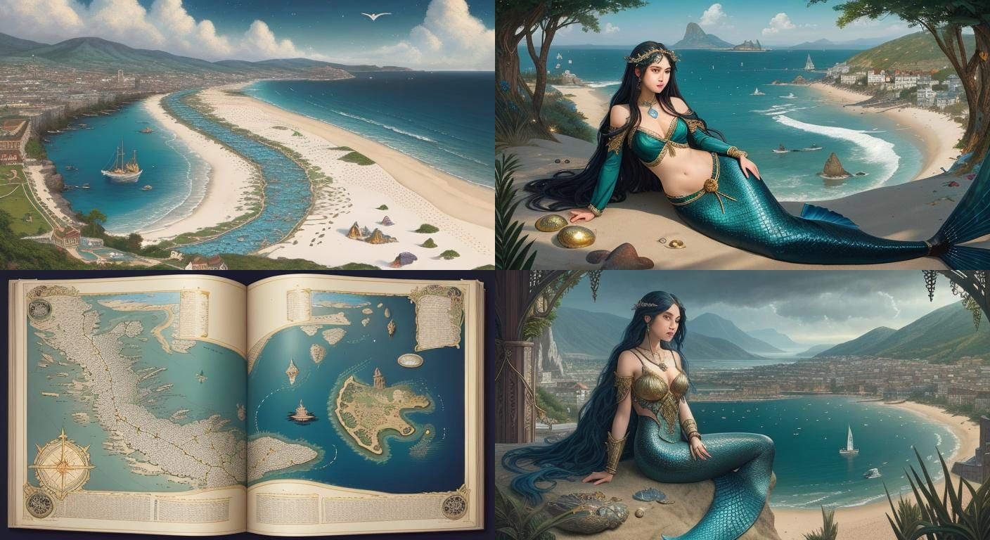 Teal Mermaid on Stormy Beach, Fantasy Art