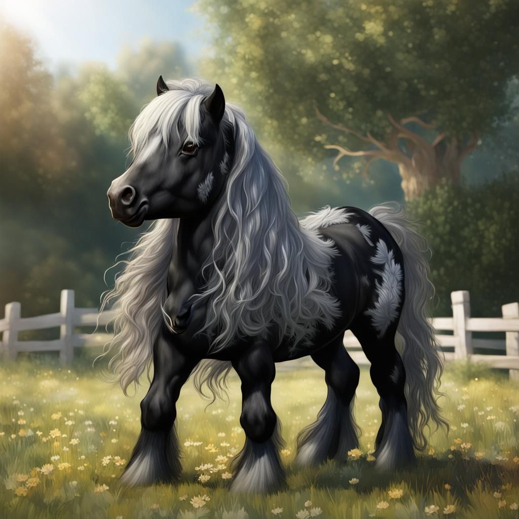 Black Shetland Pony in Summer Paddock, 3D Render