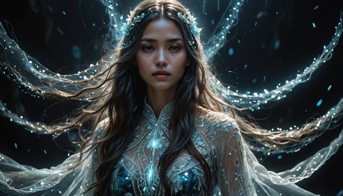 Bioluminescent Portrait of Ethereal Woman in Laced Gown