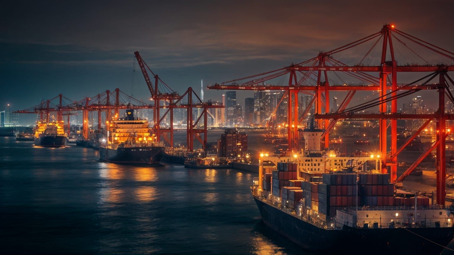 Nighttime Rotterdam Harbor Skyline in 8k
