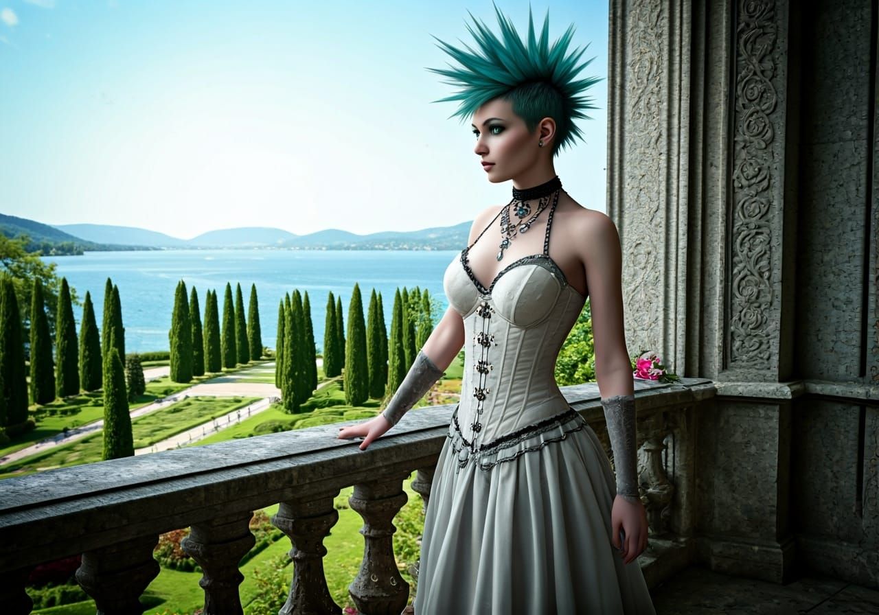 Gothic Bride with Turquoise Hair on Castle Balcony