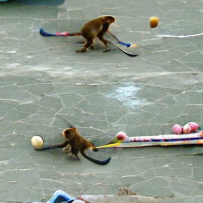Monkey Plays Hockey on Ice Rink