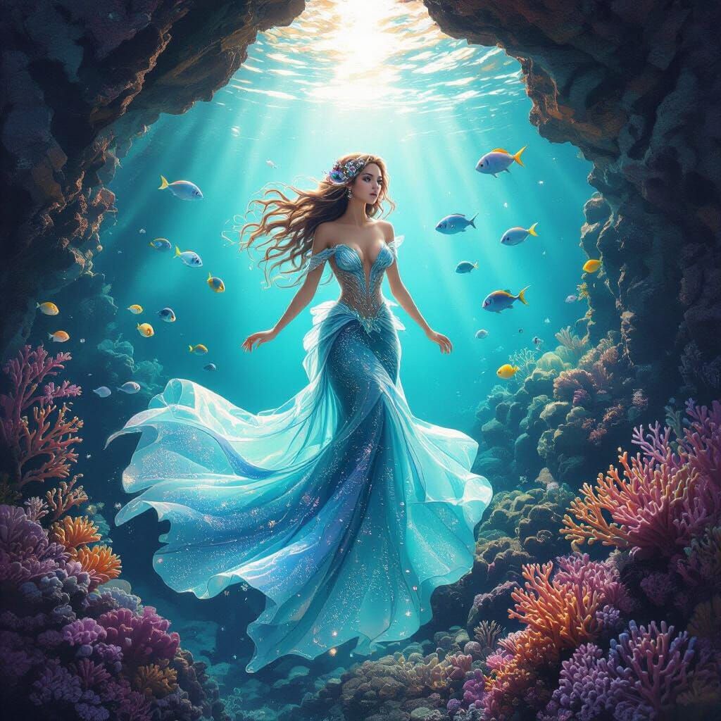 Mermaid Swimming Through Coral Tunnel in Ethereal Style