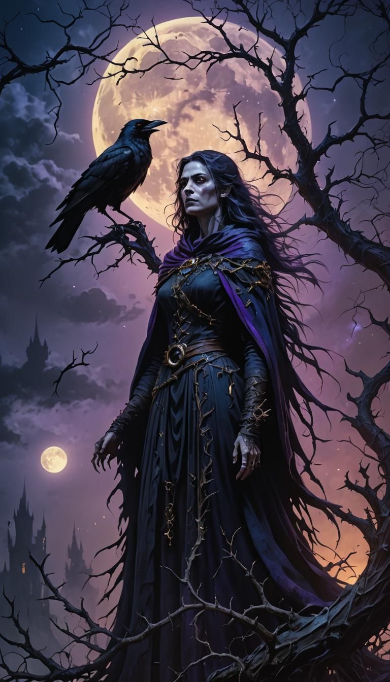 Witch and Crow in Dark Fantasy Landscape
