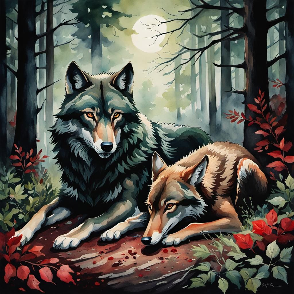 Watercolor Wolf in Dark Forest Hunting Deer