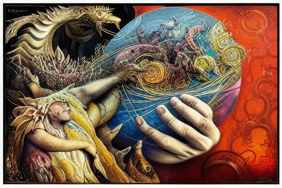 Mythology Collision: Vivid Mixed Media Ink Illustration