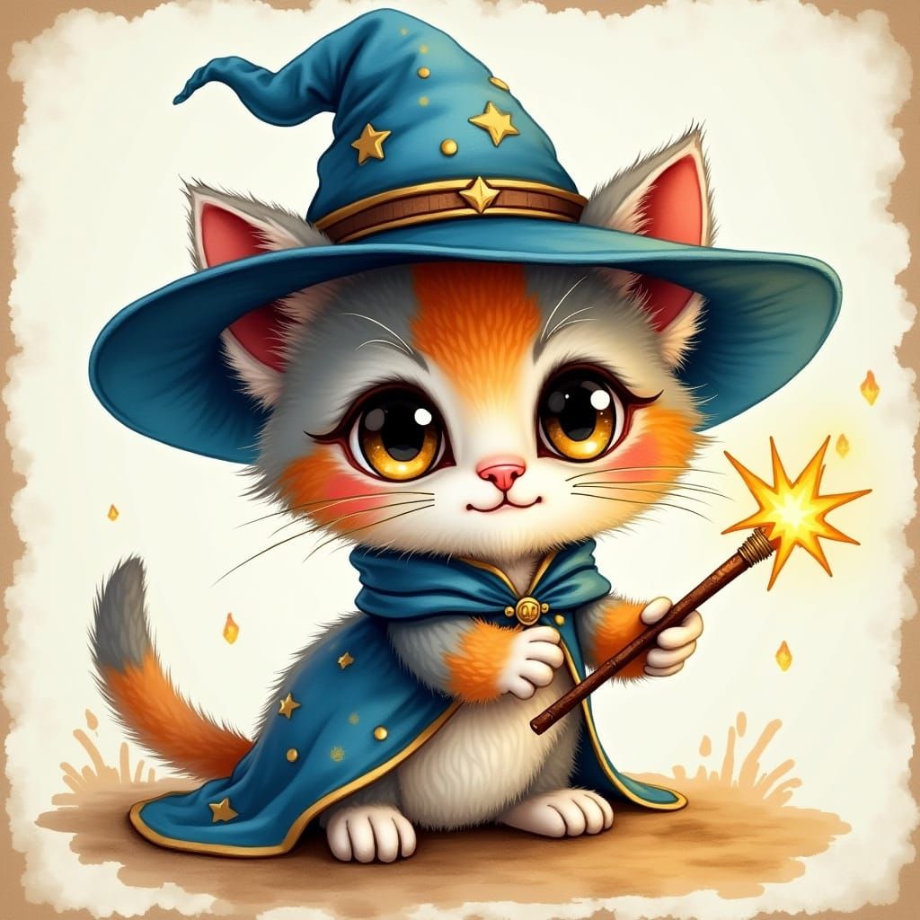 Whimsical Wizard Kitten in Vintage Storybook Style