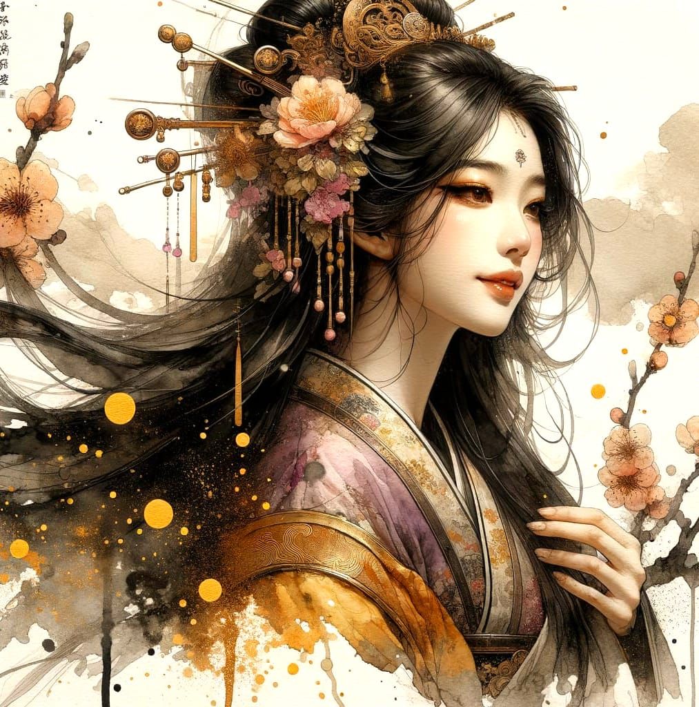 Ethereal East Asian Princess in Watercolour Fantasy
