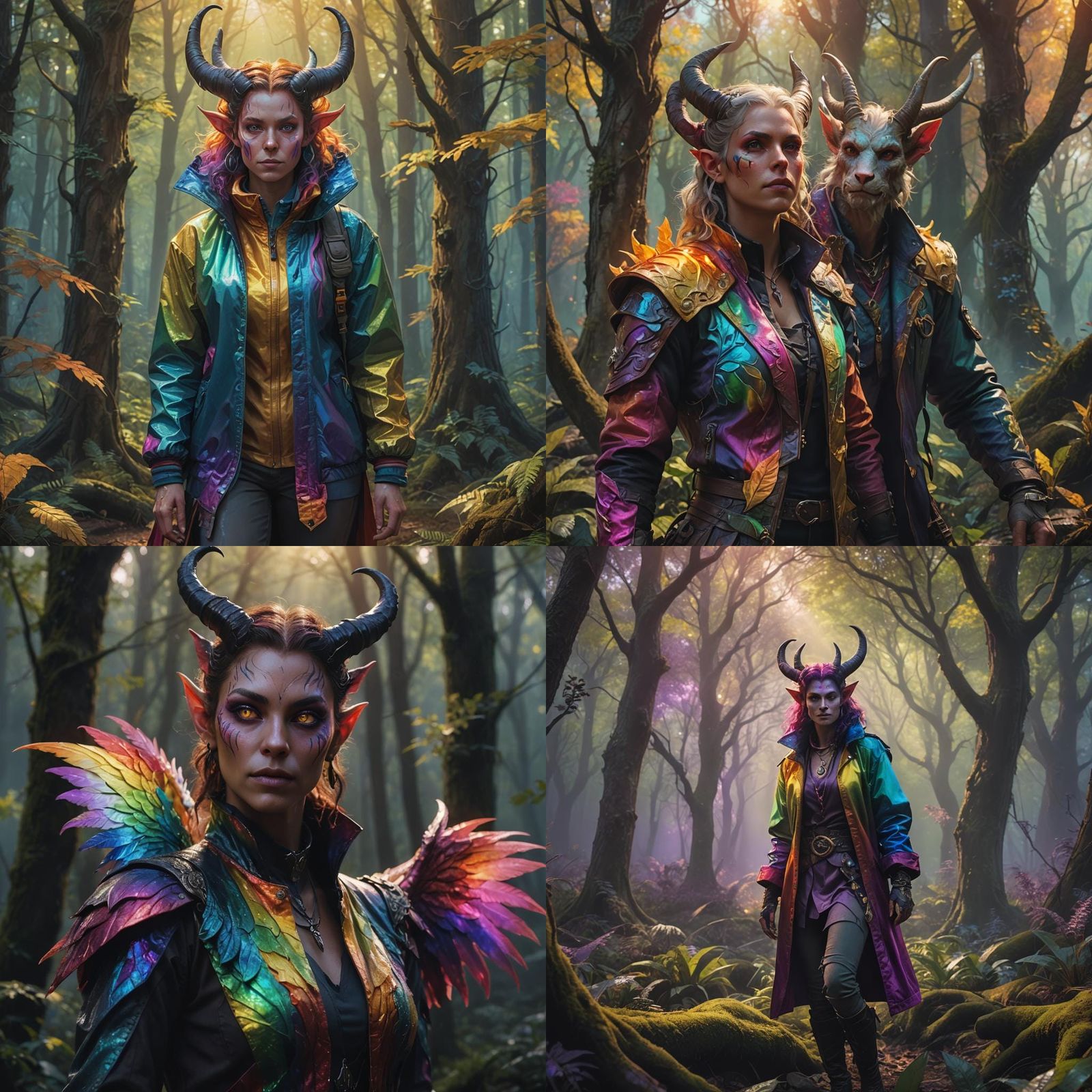 Feral Tiefling in Rainbow Jacket: Detailed Fantasy Art
