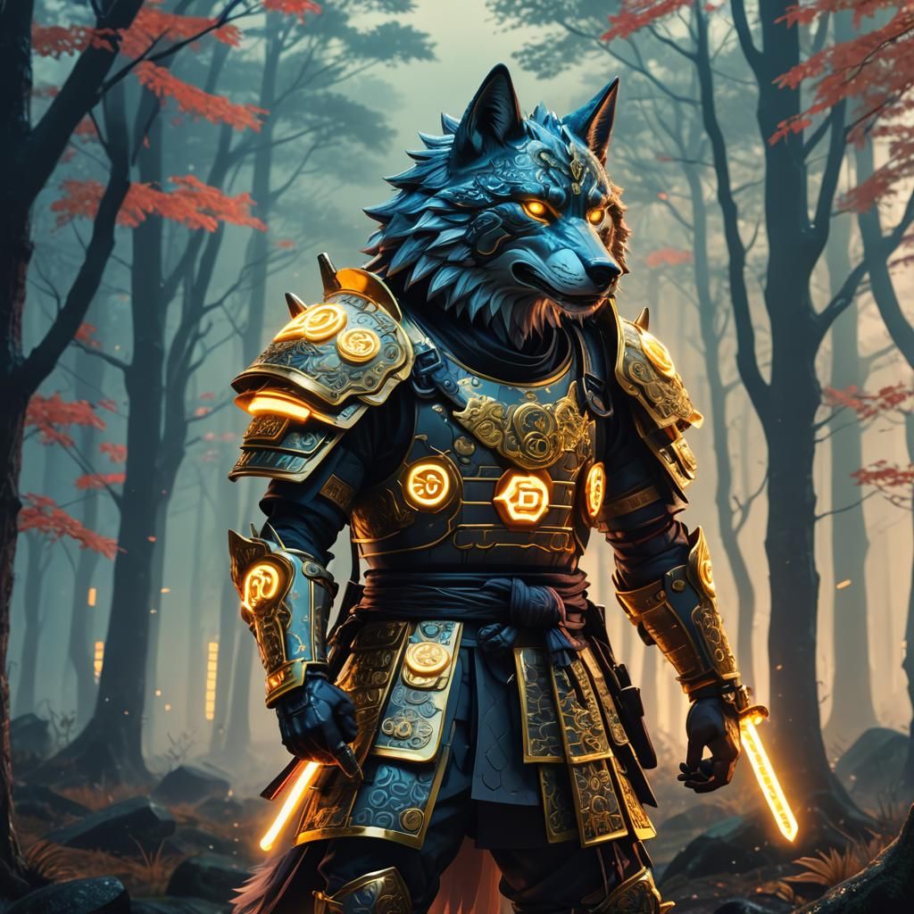 Neon Anime Wolf Samurai in Misty Forest