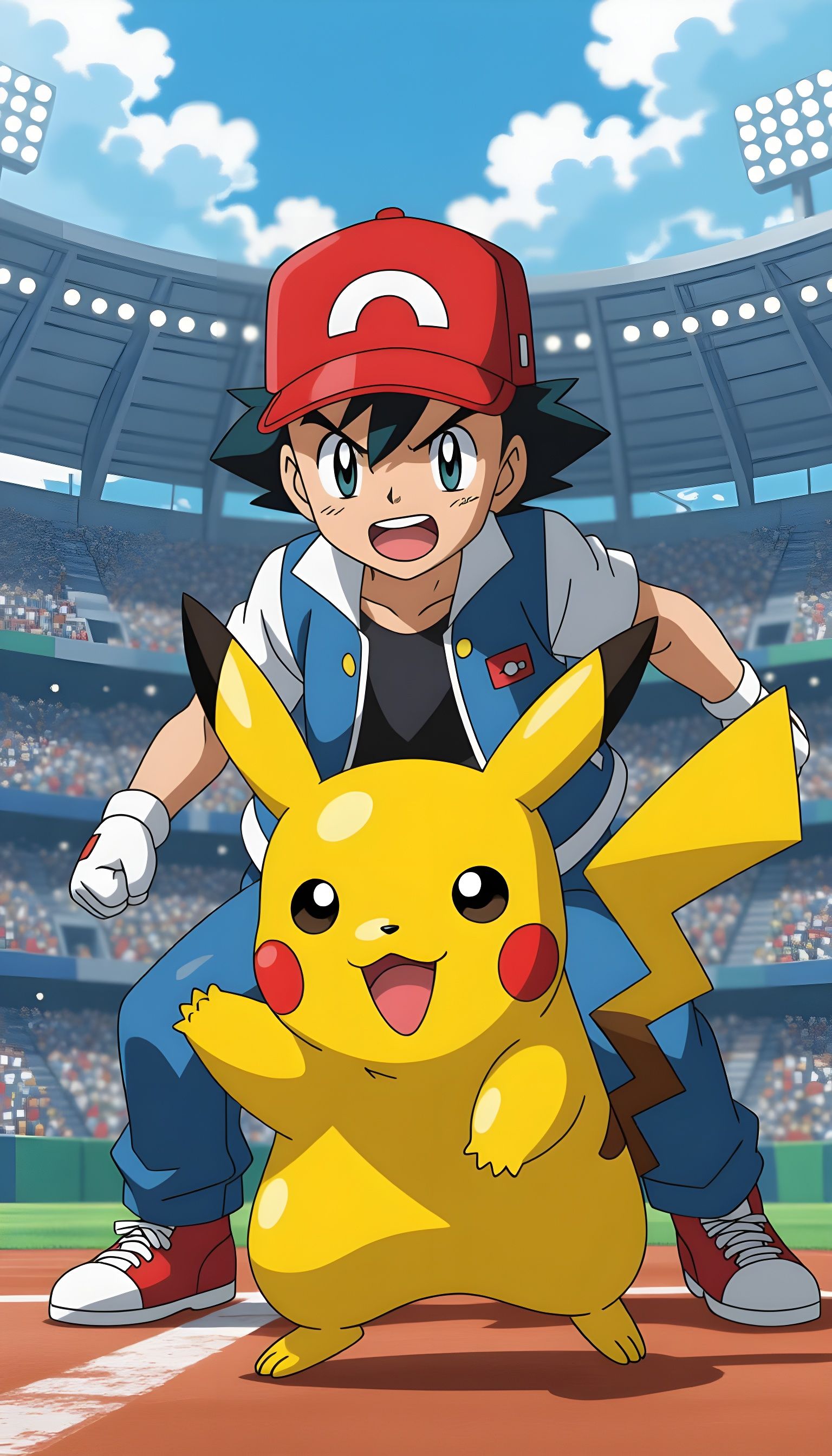 Ash and Pikachu in Stadium, Realistic Anime Style