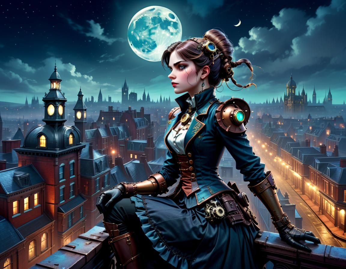 Steampunk Heroine in Moonlit Victorian Cityscape