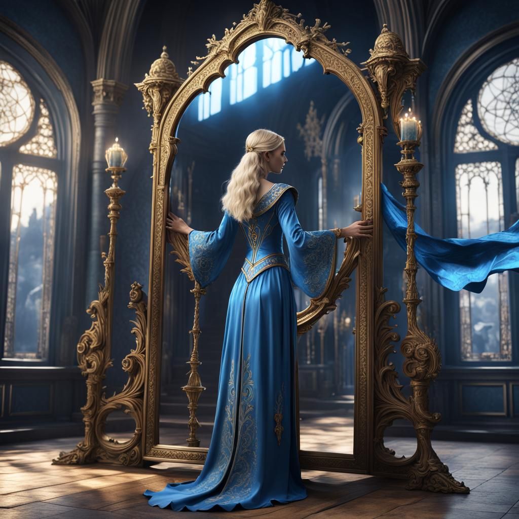 Mysterious Blonde Sorceress Sees Future in Ornate Mirror