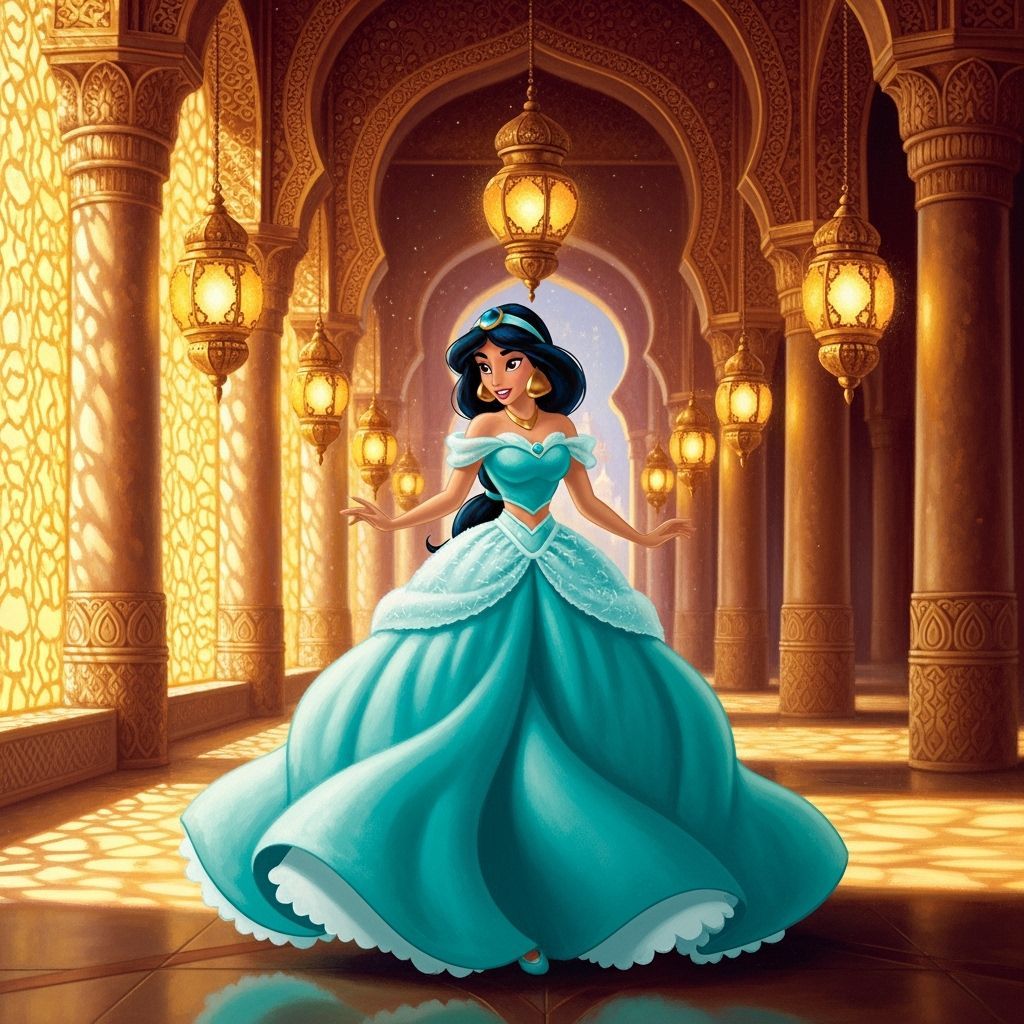 Princess Jasmine in a Poofy Teal Ballgown at a Palace