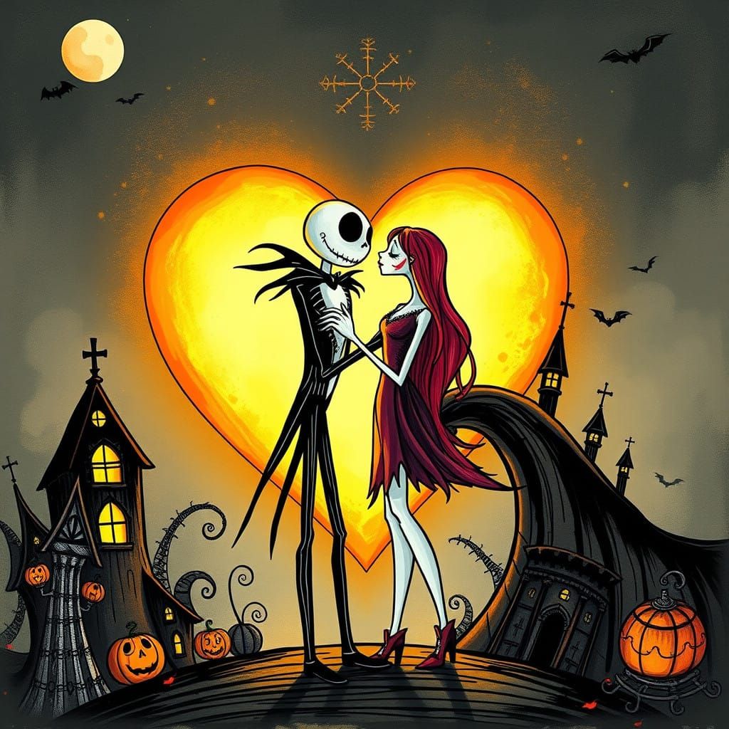 Jack Skellington and Sally in Whimsical Heart Love Scene