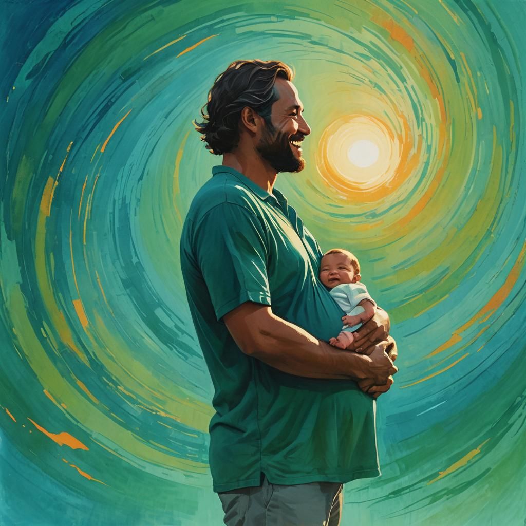 Expectant Father Cradling Baby Bump in Pixar Style