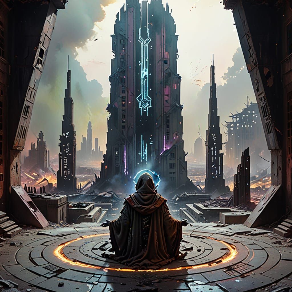 Dystopian Surrealism: Ruined City in Golden Hour