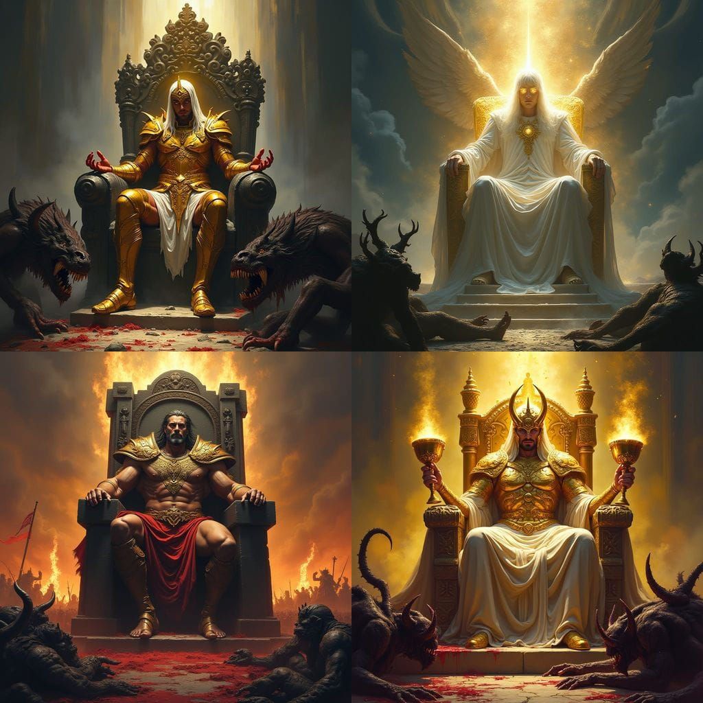 Godly Figure Victorious Over Demons on Throne