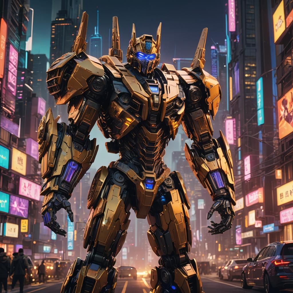 Transformer Crosshare in a Futuristic Anime Cityscape