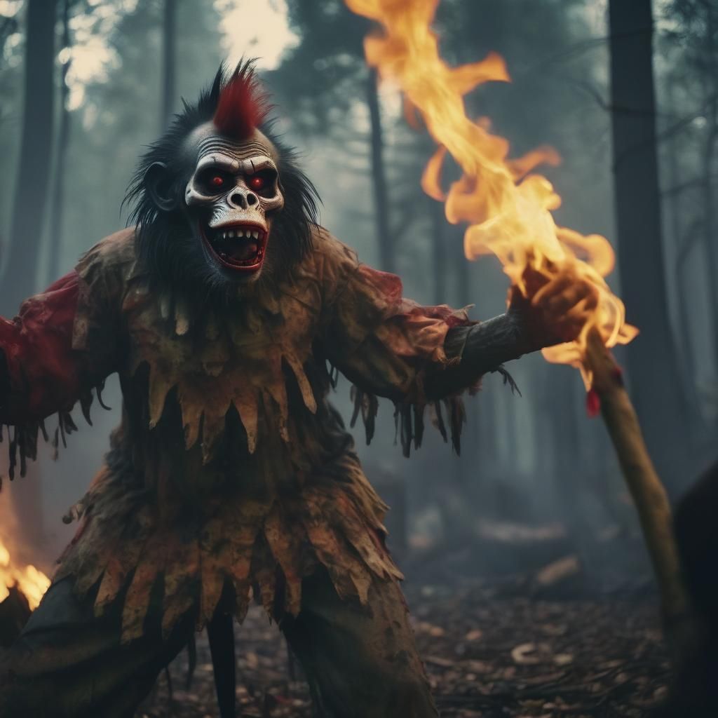 Eerie Clown Burns at the Stake in Misty Forest