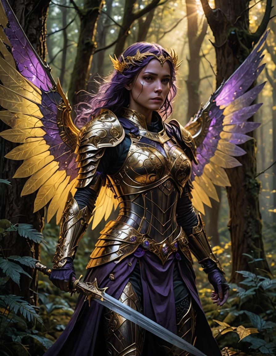 Winged Warrior in Mystical Forest, Dark Fantasy Art