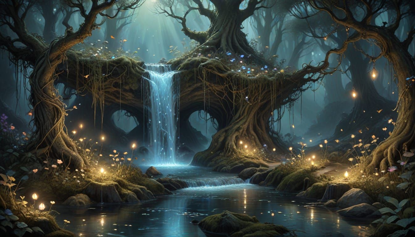 Moonlight Waterfall in Mystical Forest Clearing
