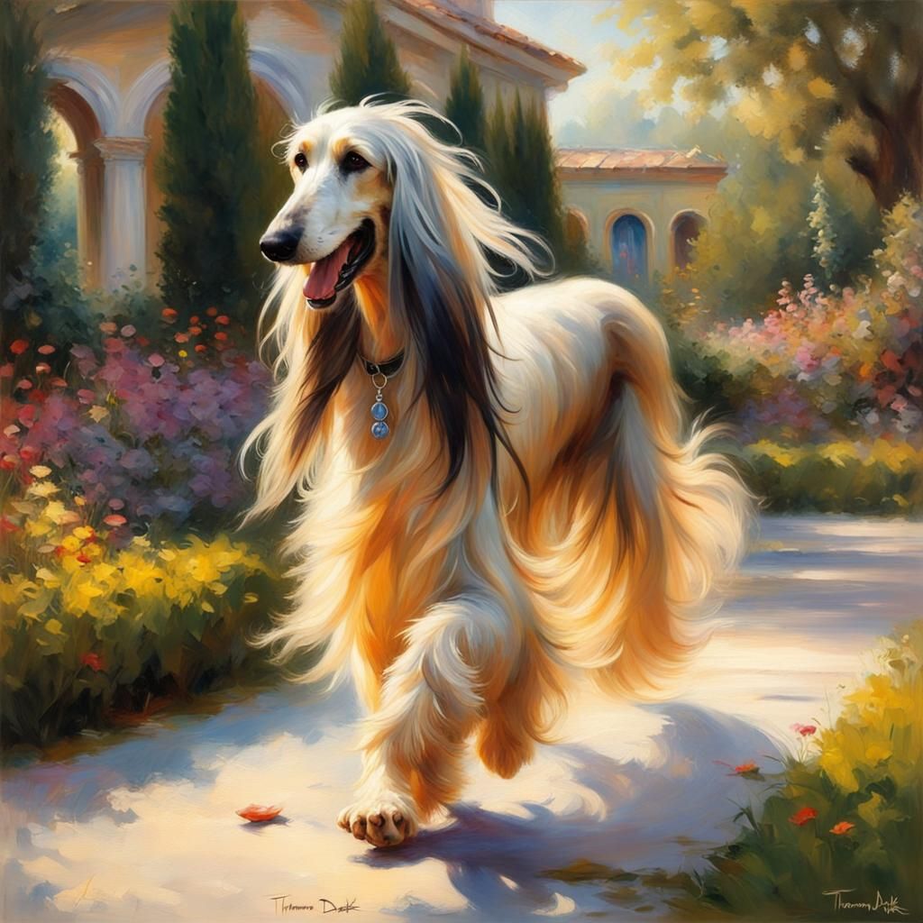 Afghan Hound Runs Through Mansion Garden