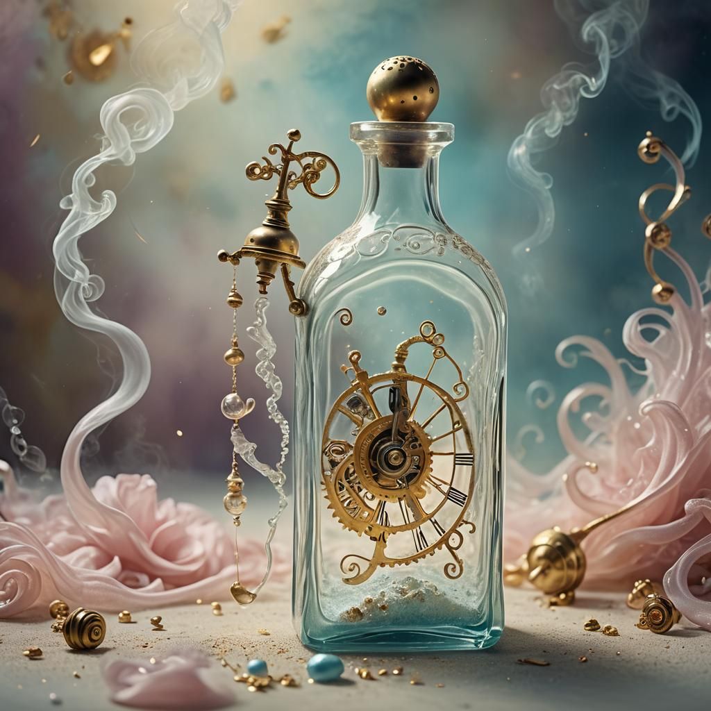 Surreal Bottle with Clockwork Mechanism in Mist
