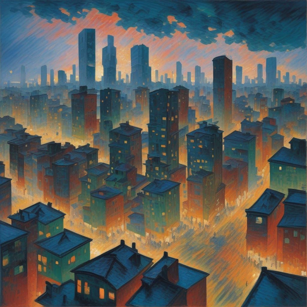Futurist Cityscape at Dusk in Umberto Boccioni Style