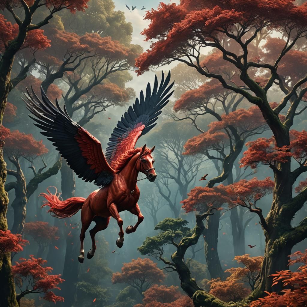 Winged Red Horse Flies Above Treetops