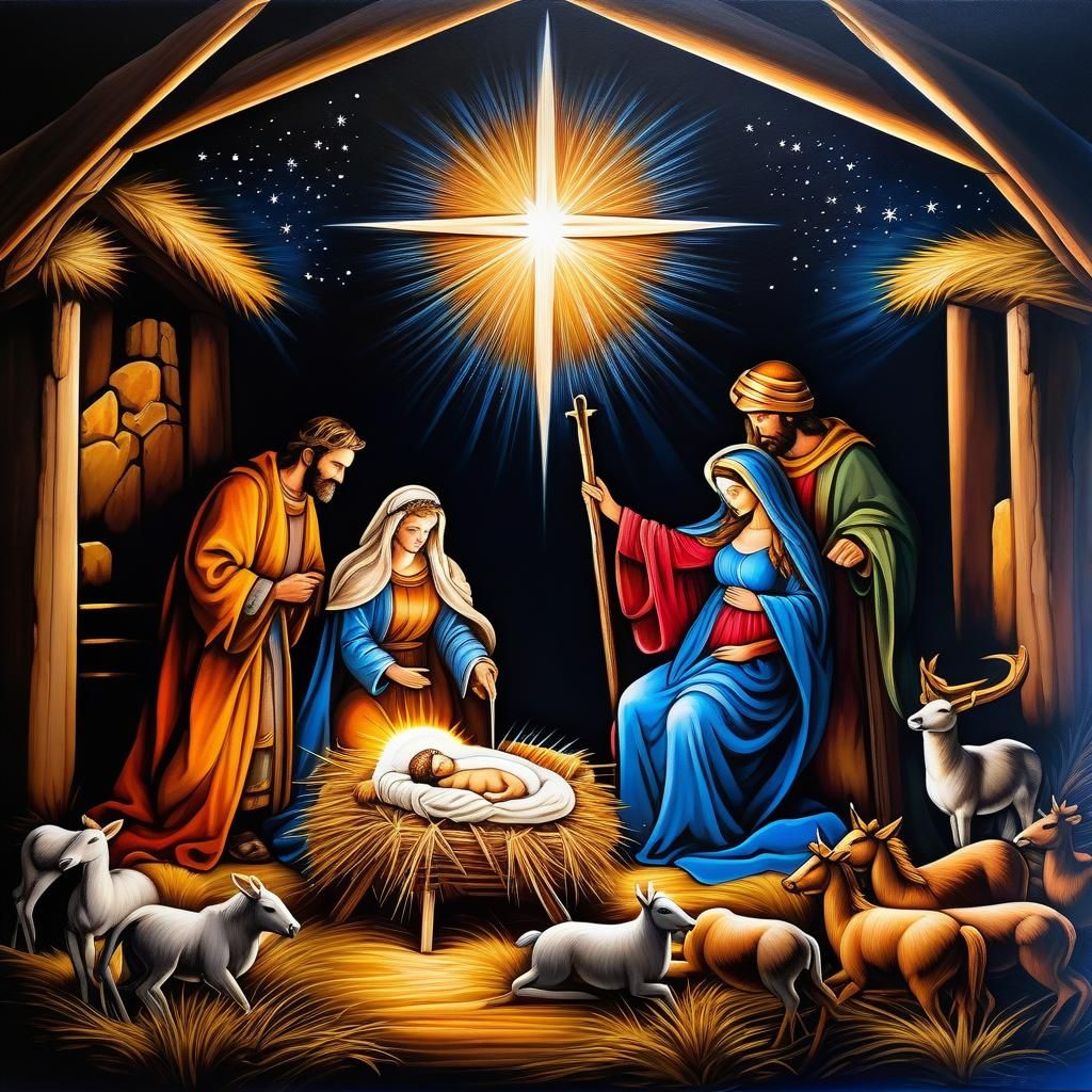 Detailed Nativity Scene in Ink and Acrylics