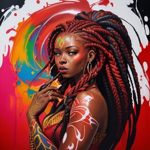 African Woman in Red Gown: Graffiti Art