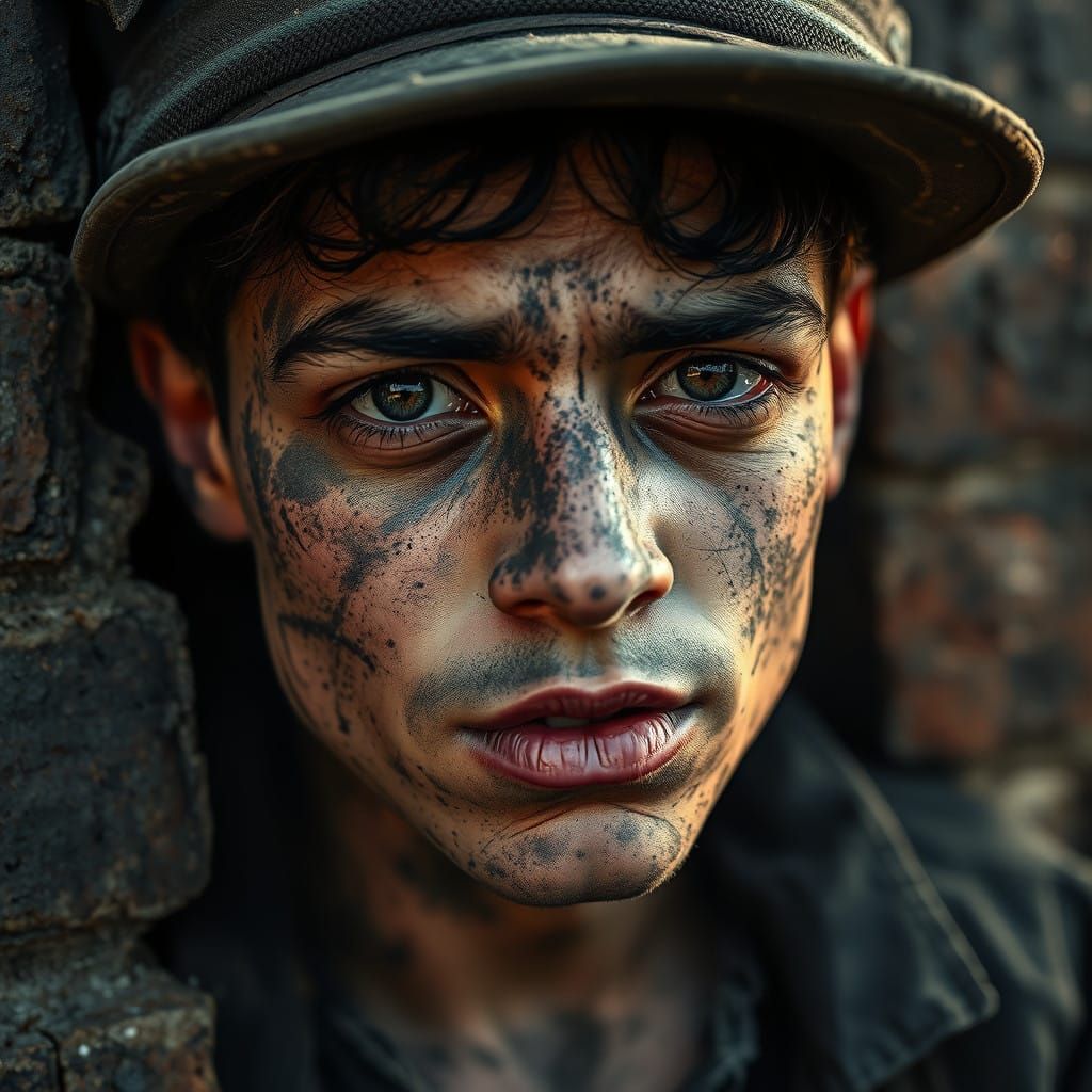 Soot-Covered Youth Steps Out of a Crumbling Chimney