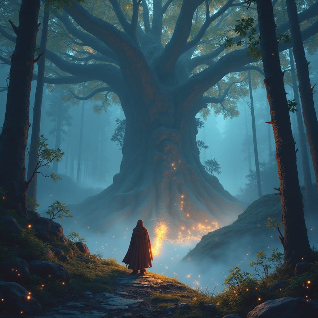 Mystical Sorcerer Stands Heroically at Ancient Forest's Edge