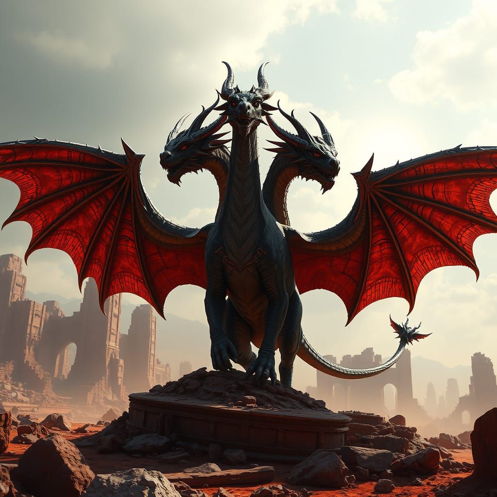 Four-Headed Chimera in Sun-Scorched Ruins: Detailed Matte Pa...