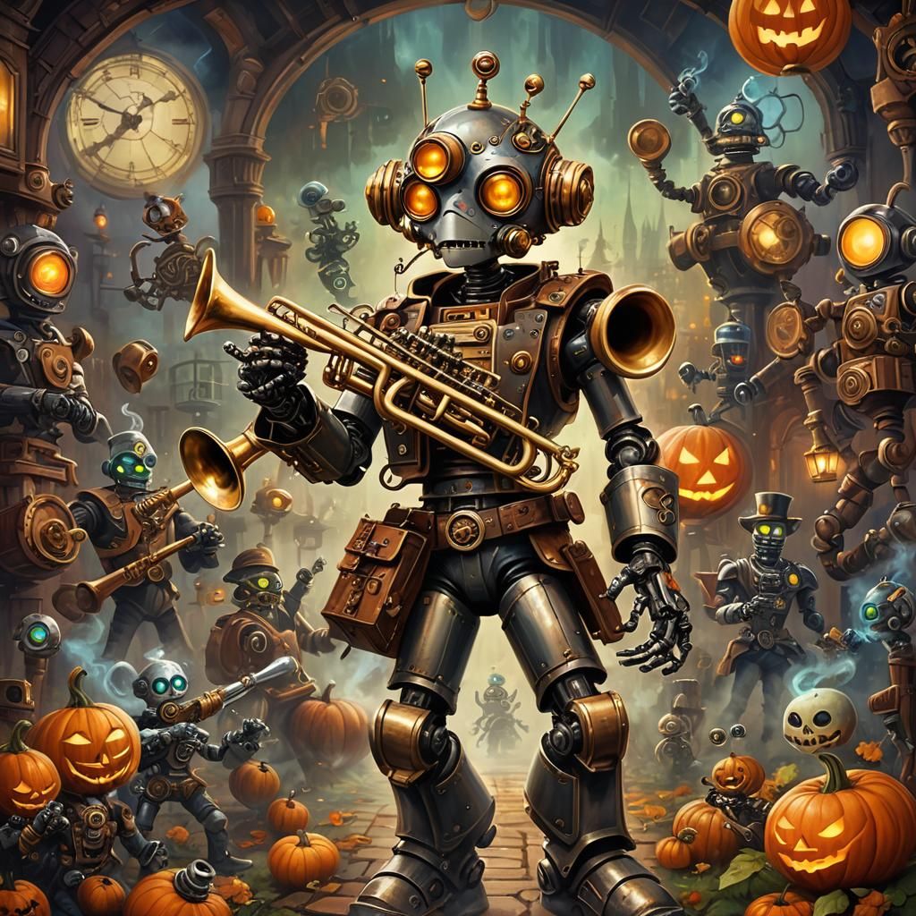 Steampunk Robot Trumpeter with Halloween Ghosts