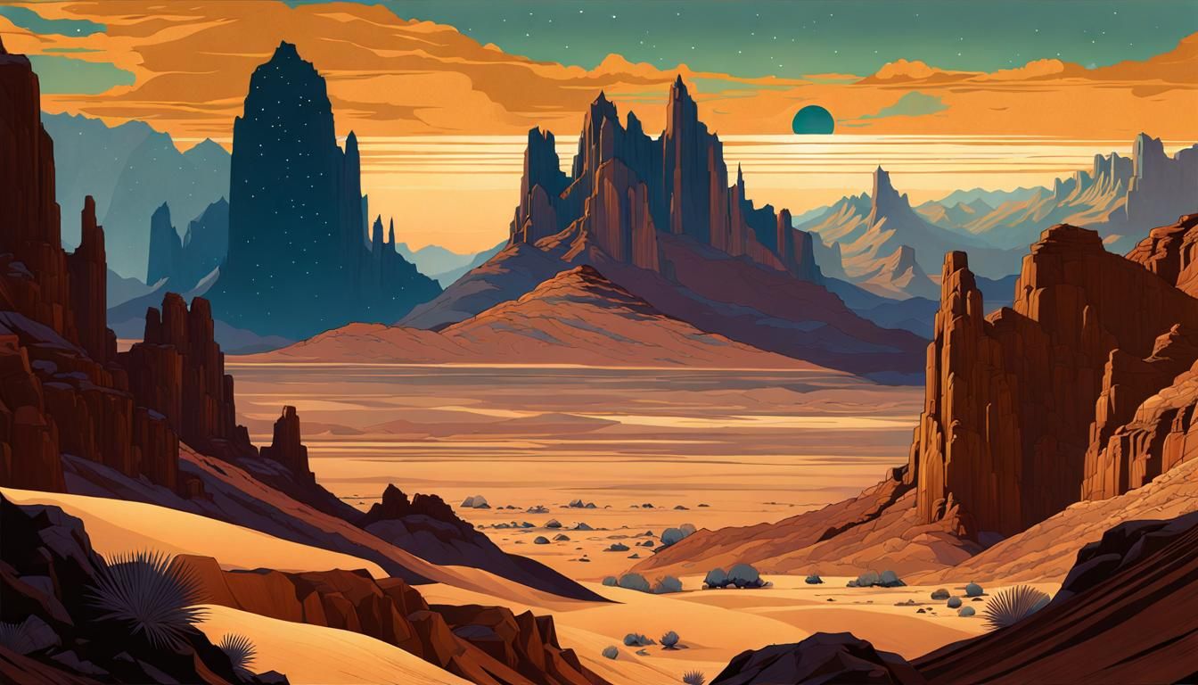 Art Deco Western Canyon Landscape with Starscape