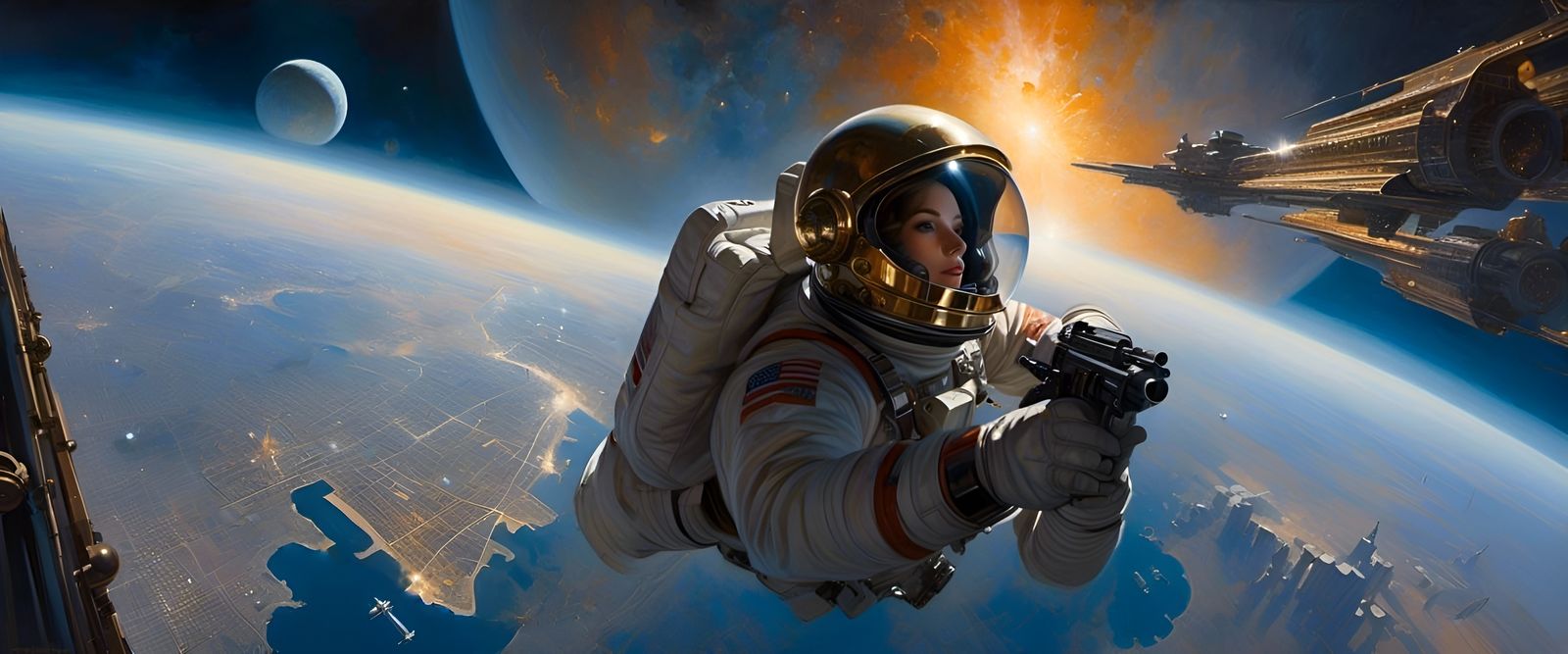 Cosmic Astronaut Helmet Reflecting Futuristic City