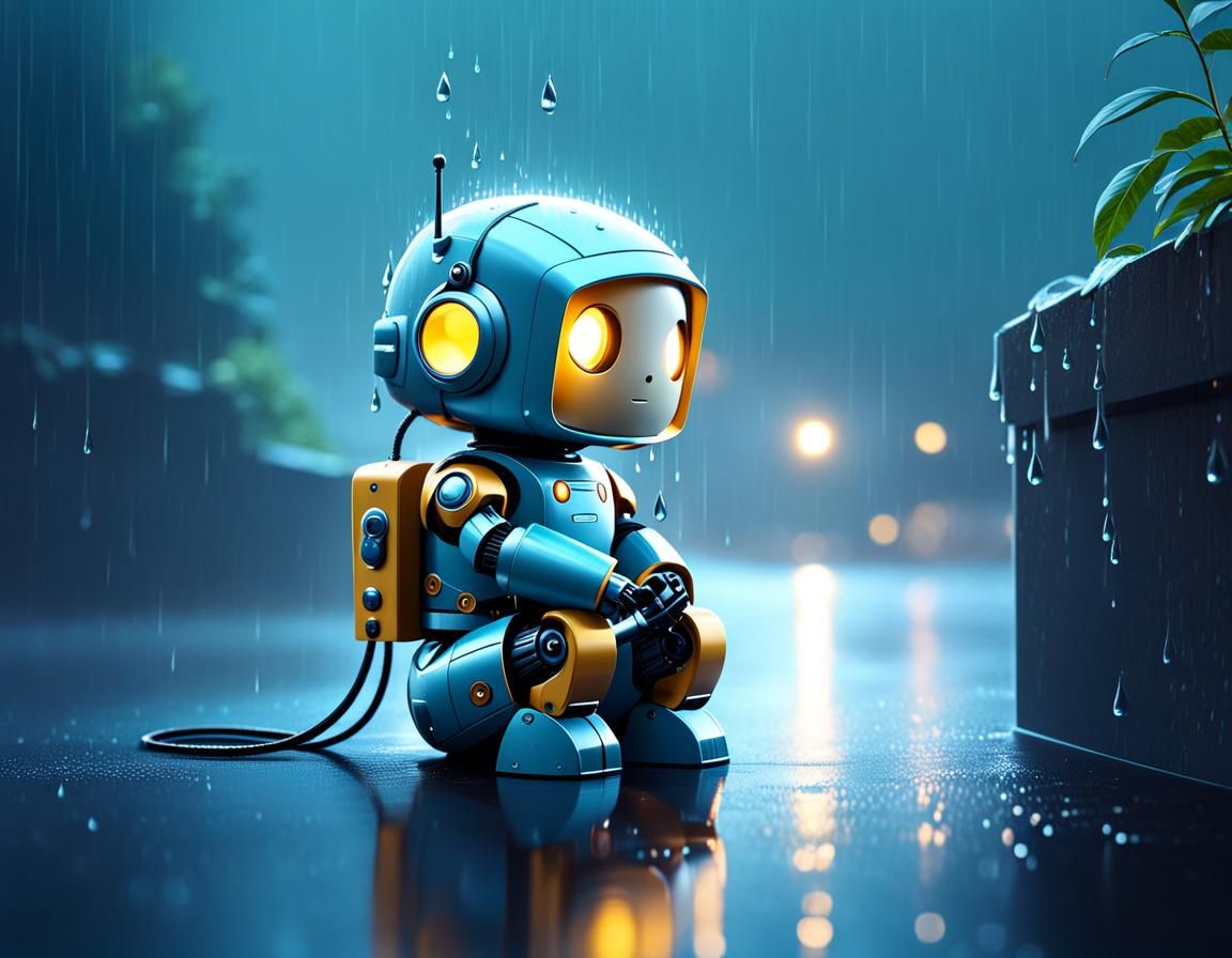 Cute Robot in Rain, Dreamy Digital Art