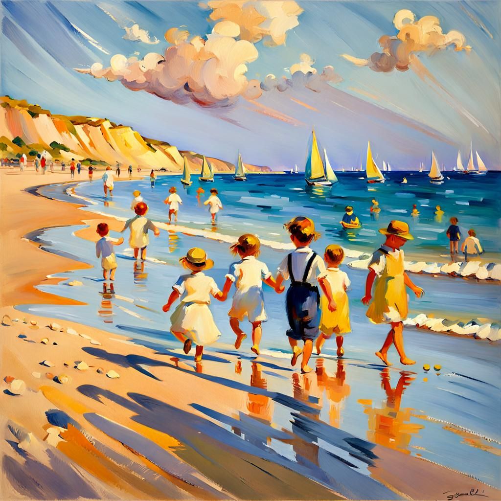 Impressionist Children's Beach Scene in Sorolla Style