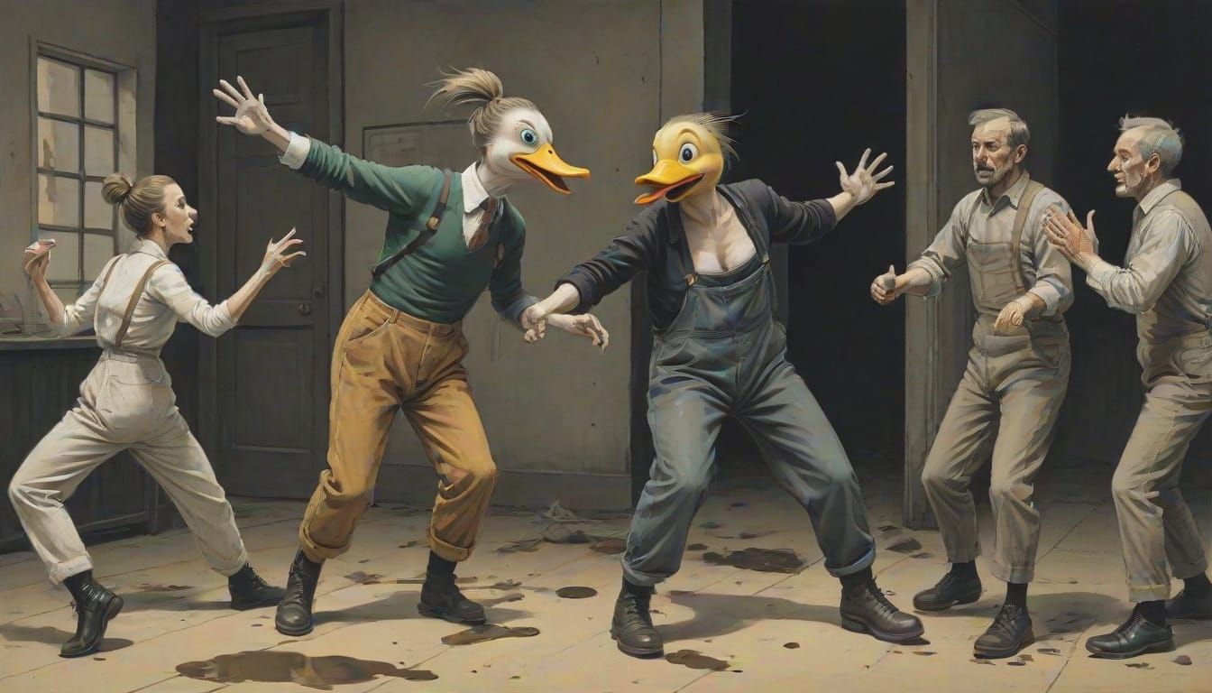 Surreal Figures with Flying Feet in Expressive Style