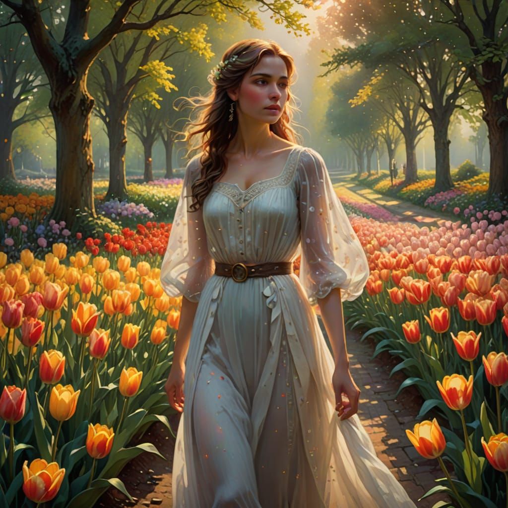 Woman Among Blooming Tulips in Lush Garden