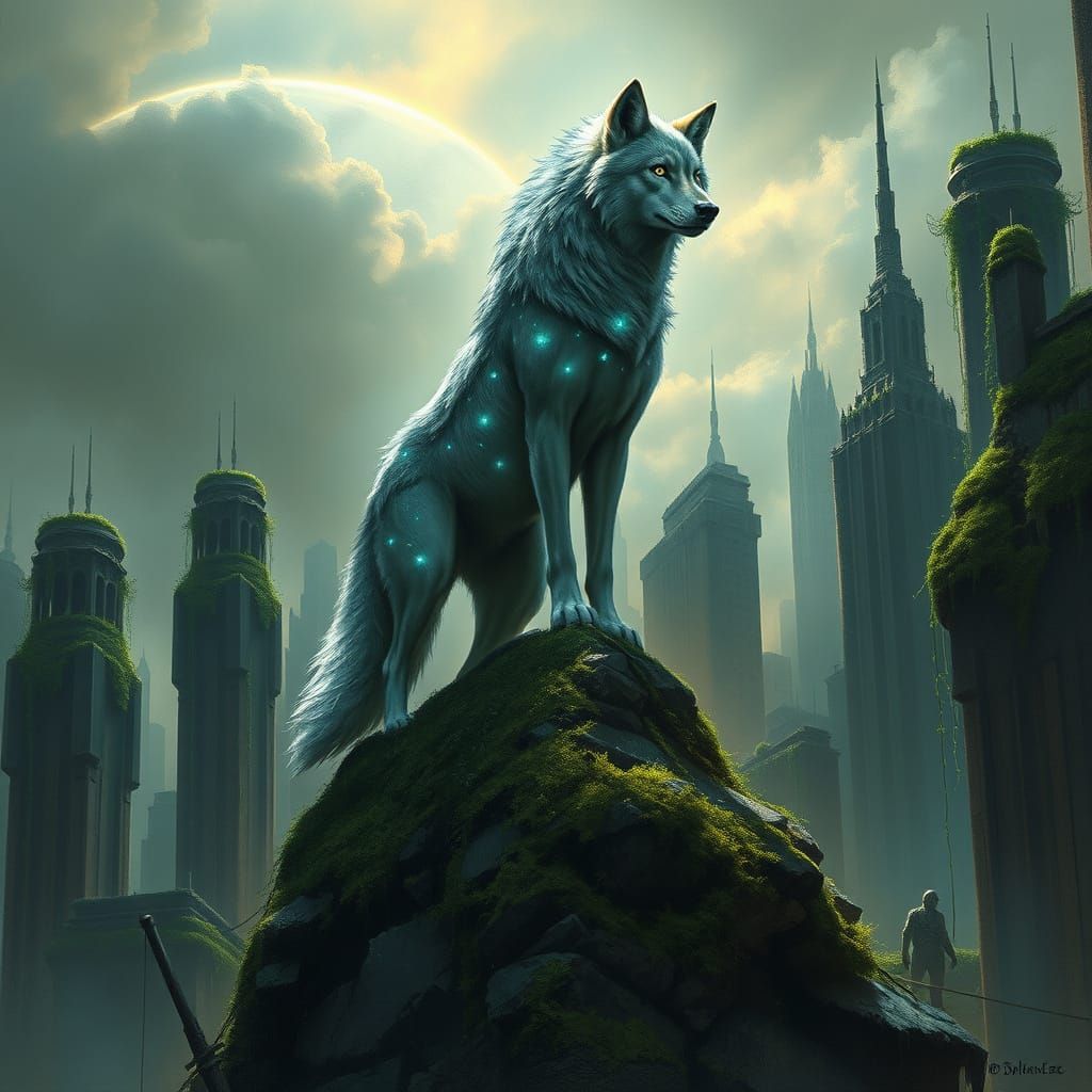 Ethereal Wolf Spirit in Post-Apocalyptic Cityscape