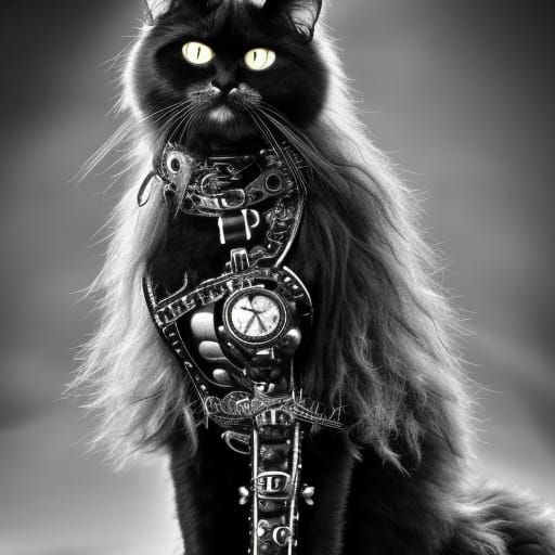 black and white long haired cat wearing steampunk style armor hyper defined intricate detail 8k resolution photo quality...
