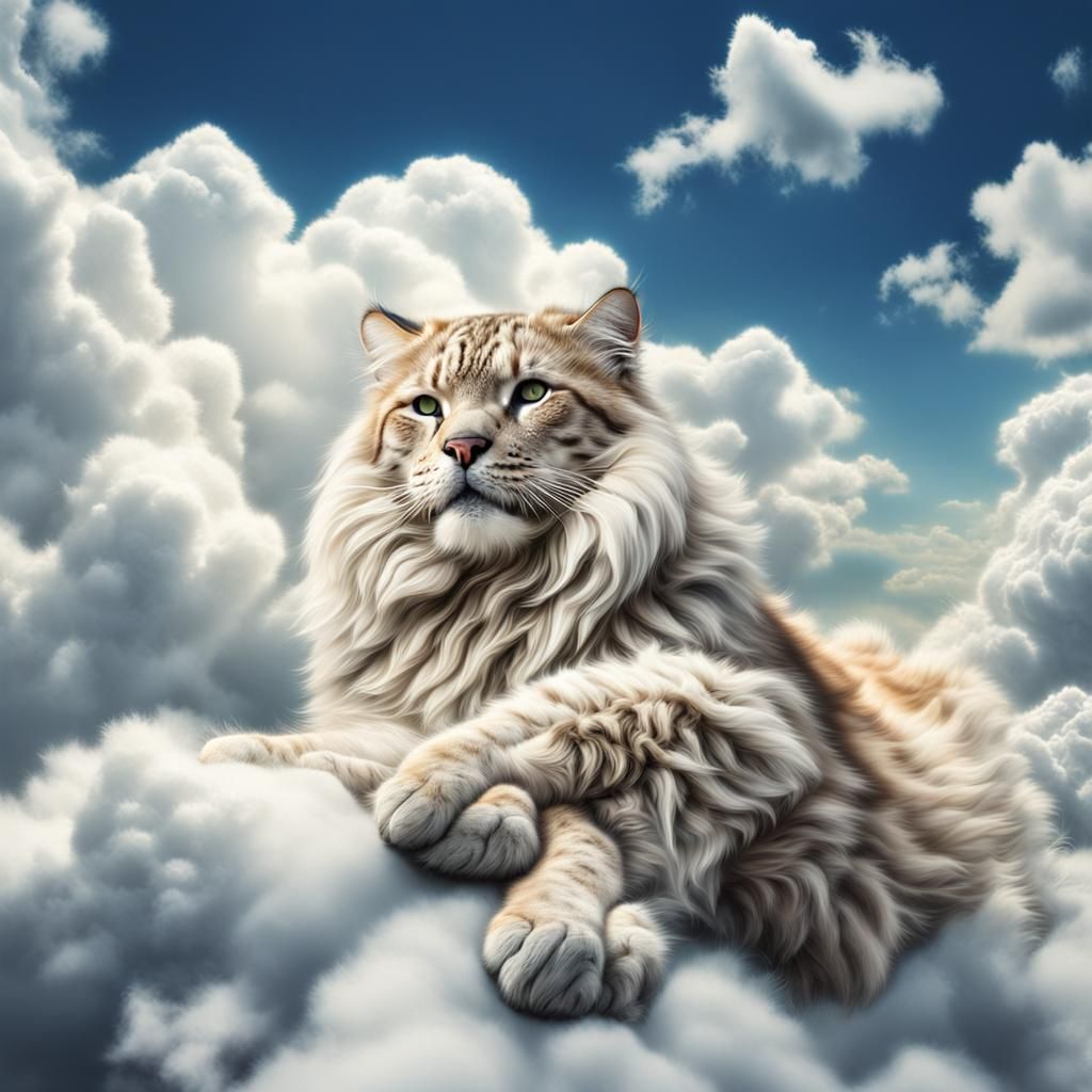 Fluffy White Cat Lounging on Clouds