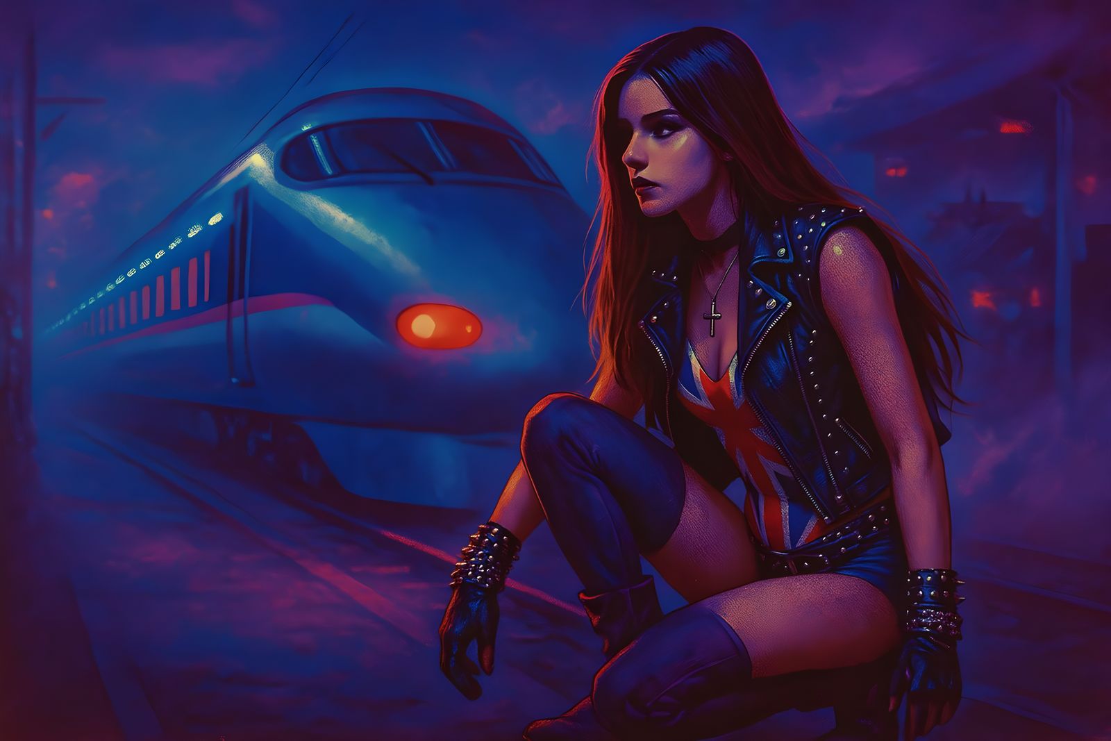 Tokyo Night Train with Heavy Metal Lady, in Pop Art Style