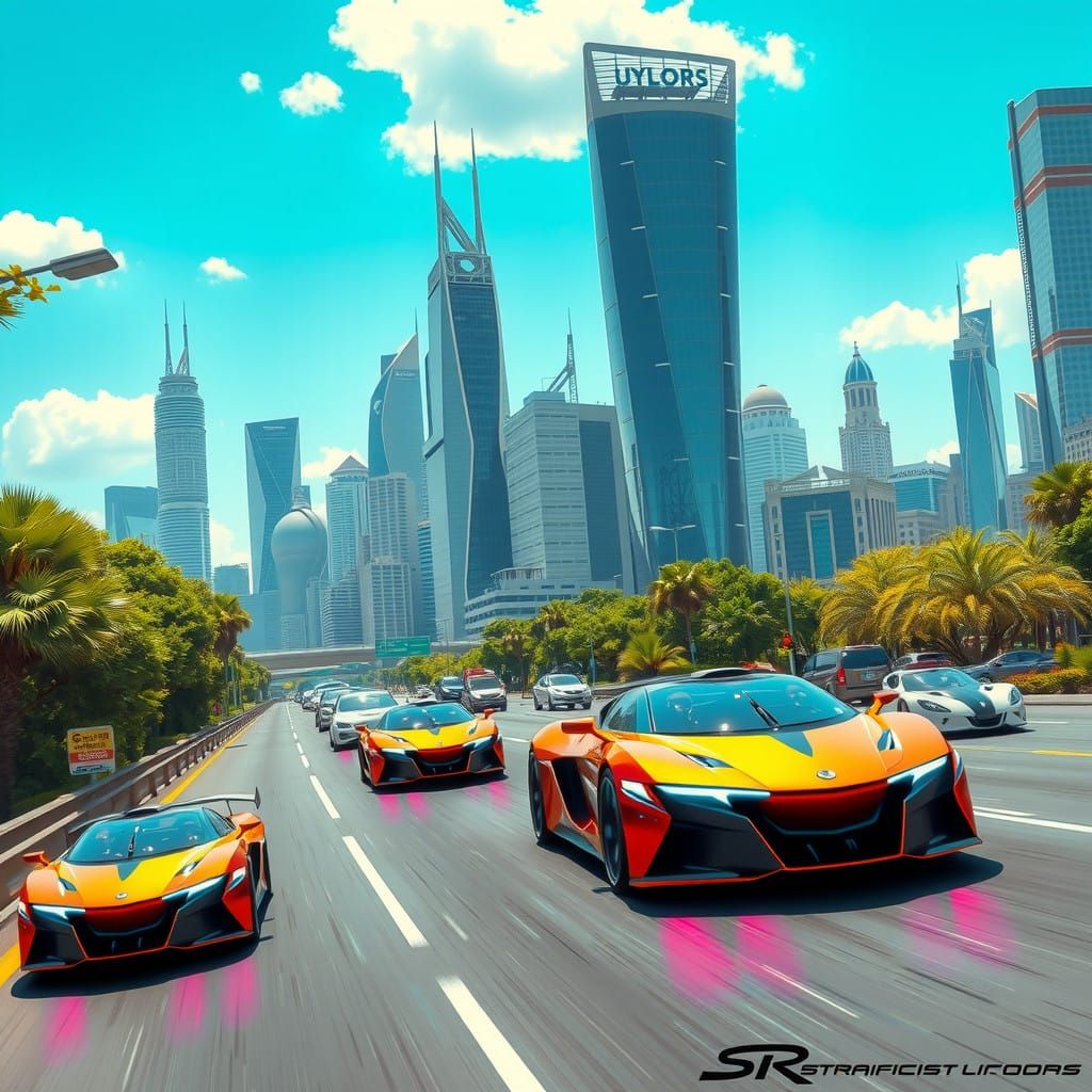 Cyberpunk Cityscape with Solar-Powered Cars