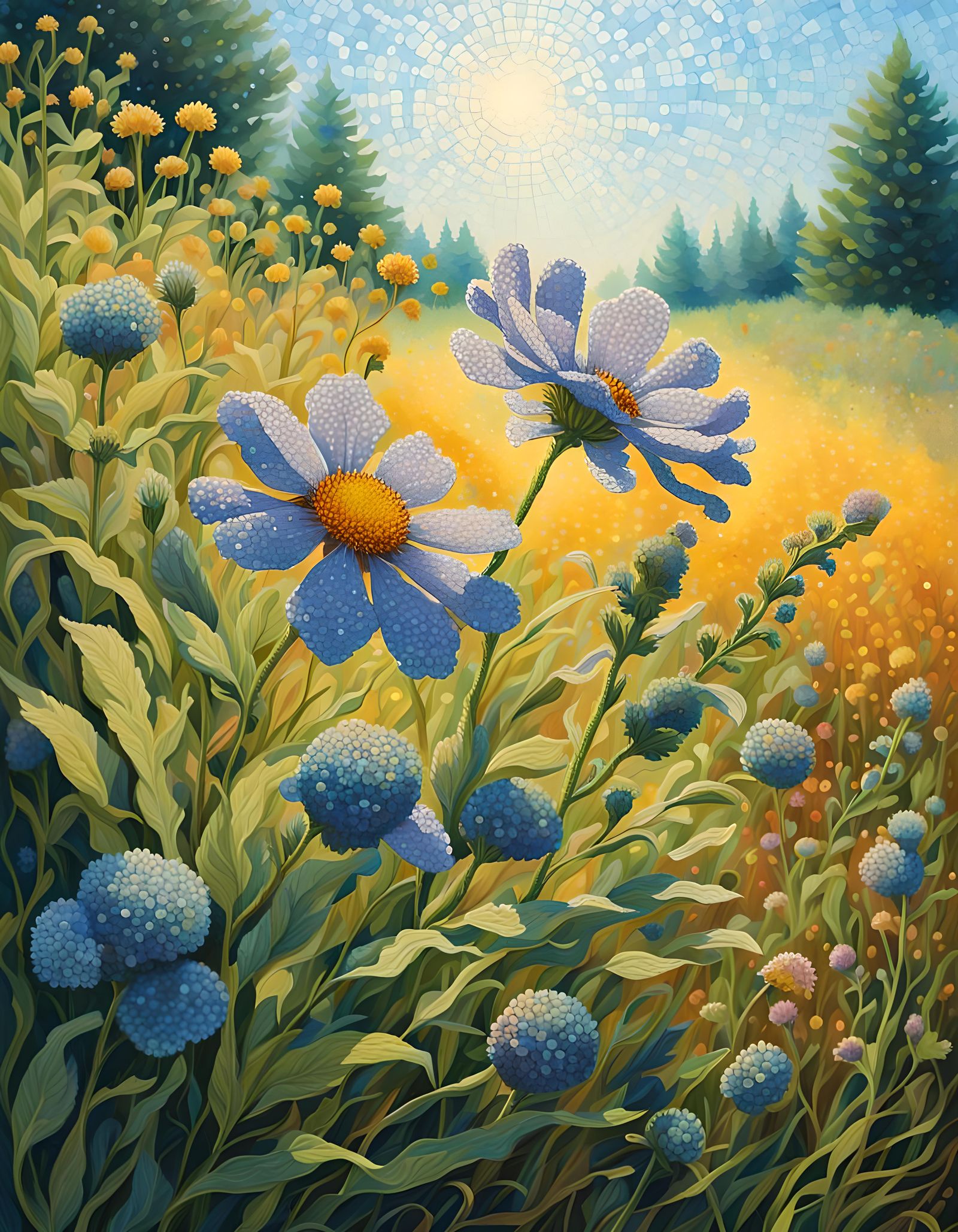 Detailed Pointillism Wildflower Meadow in Black Pen