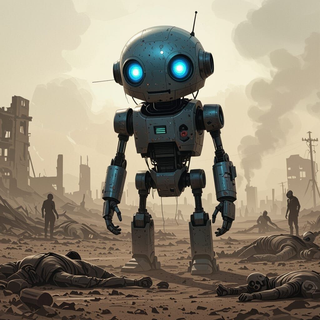 The BlueBot: Steel Alien in Dystopian Landscape