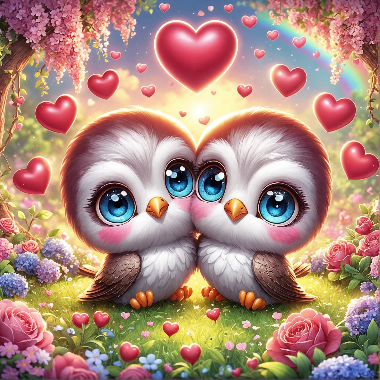 Chibi Lovebirds in a Heart-Filled Garden